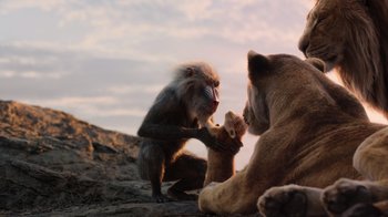 Movie still from “The Lion King” (2019), directed by Jon Favreau – Two monkeys and a bear sitting on the ground; Wide shot, Low angle