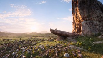 Movie still from “The Lion King” (2019), directed by Jon Favreau – A herd of sheep grazing on a lush green field; Extreme Wide shot, Low angle