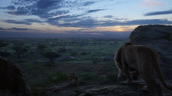 Movie still from “The Lion King” (2019), directed by Jon Favreau – Two animals standing on top of a rocky hill at dusk; Extreme Wide shot, Low angle