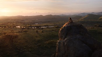 Movie still from “The Lion King” (2019), directed by Jon Favreau – A lion sitting on top of a rock in the middle of a field; Extreme Wide shot, Low angle
