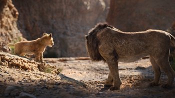 Movie still from “The Lion King” (2019), directed by Jon Favreau – A lion and a lioness in a rocky area; Wide shot, Over the shoulder angle