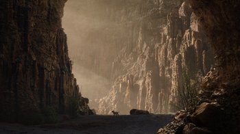 Movie still from “The Lion King” (2019), directed by Jon Favreau – Two animals in the middle of a rocky area; Extreme Wide shot, Low angle