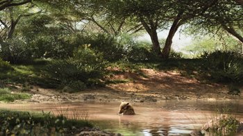 Movie still from “The Lion King” (2019), directed by Jon Favreau – A bear is swimming in a body of water near some trees; Extreme Wide shot, High angle