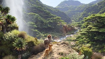 Movie still from “The Lion King” (2019), directed by Jon Favreau – Two animals and a dog on a dirt path; Extreme Wide shot, Low angle