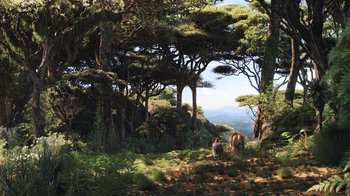 Movie still from “The Lion King” (2019), directed by Jon Favreau – A couple of animals that are standing in the grass; Extreme Wide shot, High angle