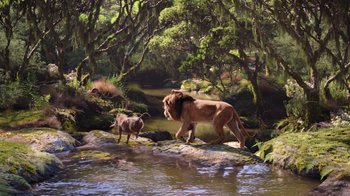 Movie still from “The Lion King” (2019), directed by Jon Favreau – A painting of a lion walking next to an animal in the water; Wide shot, Low angle