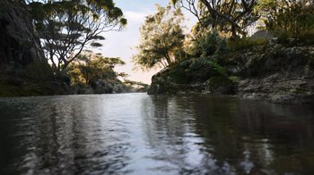 Movie still from “The Lion King” (2019), directed by Jon Favreau – A body of water surrounded by trees and bushes; Extreme Wide shot, High angle