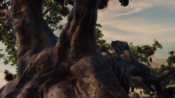 Movie still from “The Lion King” (2019), directed by Jon Favreau – An image of an animal that is sitting on top of a tree; Wide shot, Low angle