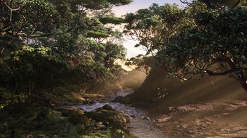 Movie still from “The Lion King” (2019), directed by Jon Favreau – A river running through a lush green forest; Extreme Wide shot, High angle