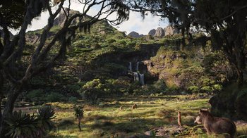 Movie still from “The Lion King” (2019), directed by Jon Favreau – A group of giraffes grazing in a grassy field; Extreme Wide shot, High angle