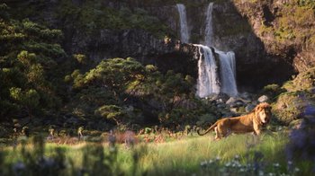 Movie still from “The Lion King” (2019), directed by Jon Favreau – A cow grazing in a field near a waterfall; Extreme Wide shot, Low angle