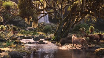 Movie still from “The Lion King” (2019), directed by Jon Favreau – A bear standing next to a river near a waterfall; Wide shot, Low angle