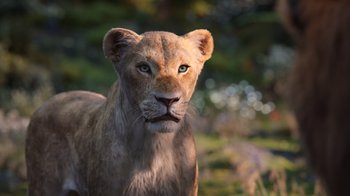 Movie still from “The Lion King” (2019), directed by Jon Favreau – The face of a lioness; Medium shot, Low angle