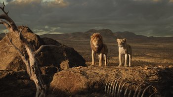 Movie still from “The Lion King” (2019), directed by Jon Favreau – A couple of lions standing next to each other on top of a hill; Wide shot, Low angle