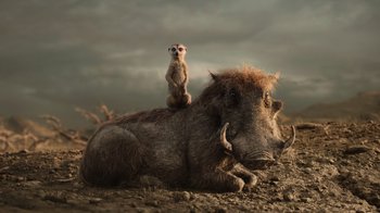 Movie still from “The Lion King” (2019), directed by Jon Favreau – An animal sitting on the back of an animal on top of it; Wide shot, Low angle