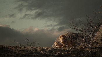 Movie still from “The Lion King” (2019), directed by Jon Favreau – A couple of lions laying on top of a hill; Extreme Wide shot, Low angle