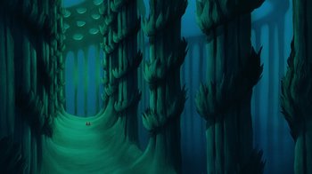 Movie still from “The Little Mermaid” (1989), directed by John Musker – An image of an underwater scene with trees; Extreme Wide shot, Low angle