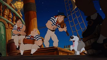Movie still from “The Little Mermaid” (1989), directed by John Musker – A group of people on a boat with a white dog; Wide shot, Low angle
