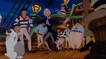 Movie still from “The Little Mermaid” (1989), directed by John Musker – A group of people standing on top of a wooden deck; Wide shot, Low angle