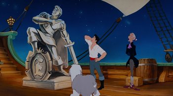 Movie still from “The Little Mermaid” (1989), directed by John Musker – A painting of a man and a dog in front of a statue; Wide shot, Low angle