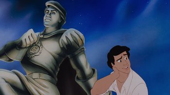 Movie still from “The Little Mermaid” (1989), directed by John Musker – An animated picture of a baseball player and an animated character; Medium shot, Over the shoulder angle