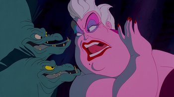 Movie still from “The Little Mermaid” (1989), directed by John Musker – Ursula from the little mermaid; Close Up shot, Over the shoulder angle