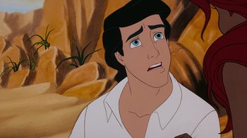 Movie still from “The Little Mermaid” (1989), directed by John Musker – A cartoon character with his mouth wide open; Close Up shot, High angle