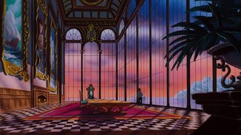 Movie still from “The Little Mermaid” (1989), directed by John Musker – A painting of two people in a large room; Extreme Wide shot, Low angle