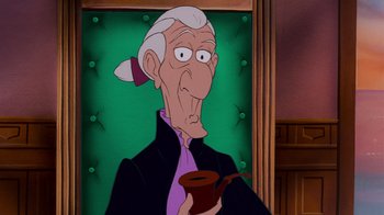Movie still from “The Little Mermaid” (1989), directed by John Musker – An old man holding a cup in front of a green wall; Close Up shot, Over the shoulder angle