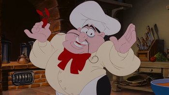 Movie still from “The Little Mermaid” (1989), directed by John Musker – A cartoon of a man in a chef's outfit holding a pair of red hot chili peppers; Close Up shot, Over the shoulder angle