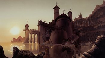 Movie still from “The Little Mermaid” (1989), directed by John Musker – An artistic rendering of a castle with a tower; Extreme Wide shot, Low angle