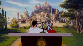 Movie still from “The Little Mermaid” (1989), directed by John Musker – A man and a woman riding in a carriage in front of a castle; Wide shot, High angle