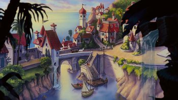 Movie still from “The Little Mermaid” (1989), directed by John Musker – A painting of a small town with a bridge going over the water; Extreme Wide shot, High angle