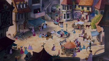Movie still from “The Little Mermaid” (1989), directed by John Musker – An animated scene of a town with people and a carriage; Extreme Wide shot, High angle
