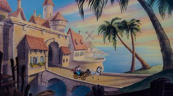 Movie still from “The Little Mermaid” (1989), directed by John Musker – A painting of a man riding a horse drawn carriage down a street; Extreme Wide shot, High angle