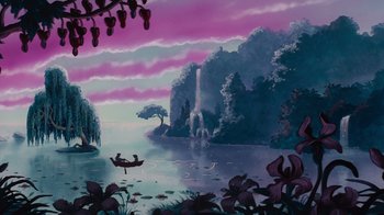 Movie still from “The Little Mermaid” (1989), directed by John Musker – A painting of two people in a boat on a lake; Extreme Wide shot, High angle