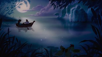 Movie still from “The Little Mermaid” (1989), directed by John Musker – A painting of a man in a boat in the water; Extreme Wide shot, High angle