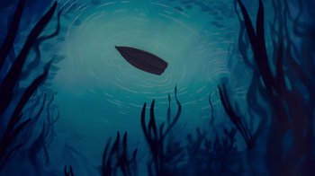 Movie still from “The Little Mermaid” (1989), directed by John Musker – A boat floating in the middle of the ocean; Extreme Wide shot, Overhead angle