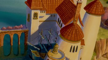 Movie still from “The Little Mermaid” (1989), directed by John Musker – A painting of a castle with a boat in it; Extreme Wide shot, High angle