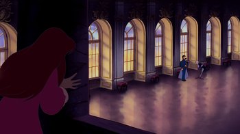 Movie still from “The Little Mermaid” (1989), directed by John Musker – A painting of a woman and a man in front of an archway in a room; Extreme Wide shot, Over the shoulder angle
