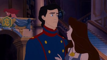 Movie still from “The Little Mermaid” (1989), directed by John Musker – A man and a woman are looking at one another; Medium shot, Over the shoulder angle