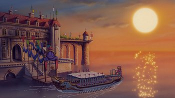 Movie still from “The Little Mermaid” (1989), directed by John Musker – An illustration of a boat floating on the water; Extreme Wide shot, High angle