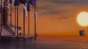 Movie still from “The Little Mermaid” (1989), directed by John Musker – A painting of a pier with purple drapes on it's sides; Extreme Wide shot, Low angle