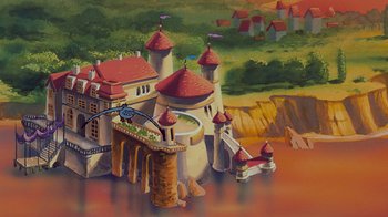 Movie still from “The Little Mermaid” (1989), directed by John Musker – A painting of a castle with a bridge in front of it; Extreme Wide shot, High angle