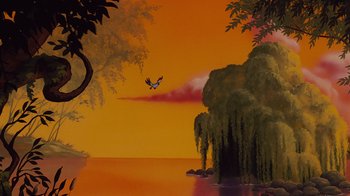 Movie still from “The Little Mermaid” (1989), directed by John Musker – A painting of a bird flying over a body of water; Extreme Wide shot, Low angle