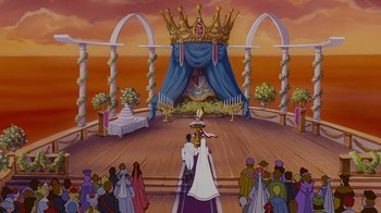 Movie still from “The Little Mermaid” (1989), directed by John Musker – A painting of a scene with a king and a crowd of people; Extreme Wide shot, High angle