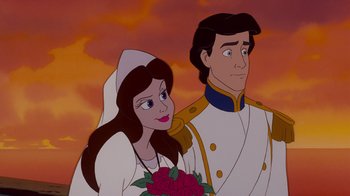 Movie still from “The Little Mermaid” (1989), directed by John Musker – A man and a woman are standing next to each other; Close Up shot, Over the shoulder angle