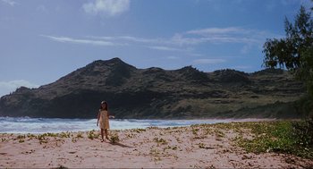 Movie still from “The Lost World: Jurassic Park” (1997), directed by Steven Spielberg – A little girl is walking on the beach near the water; Extreme Wide shot, High angle