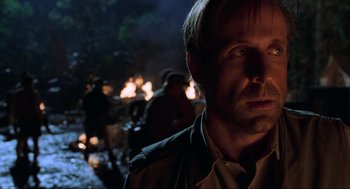 Movie still from “The Lost World: Jurassic Park” (1997), directed by Steven Spielberg – A person wearing a jacket; Close Up shot, Low angle