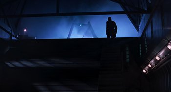 Movie still from “The Lost World: Jurassic Park” (1997), directed by Steven Spielberg – A man standing on top of a wooden platform; Extreme Wide shot, Low angle